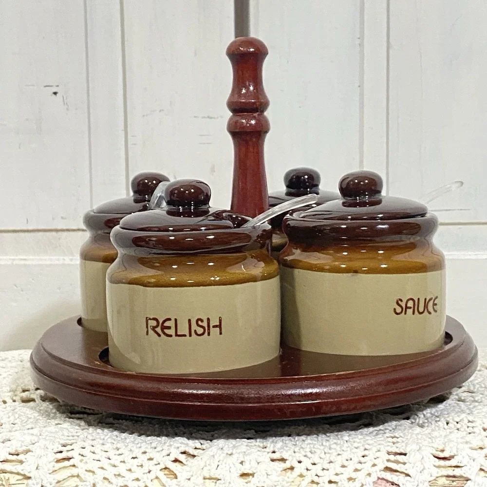 Vintage Stoneware Condiment Set w/4 Covered Labeled Jars & Spoons on Lazy‎ Susan